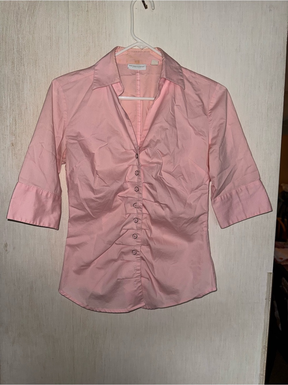 New York and Company Pink Ruched Front Button-Down Women's Top